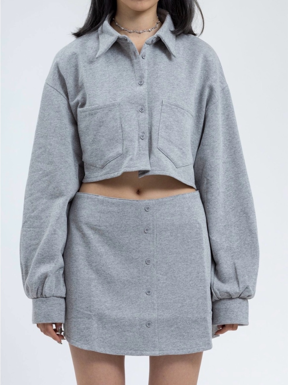 Danielle Guizio Cropped Button-Front Top Skirt Fleece Grey Set size Medium